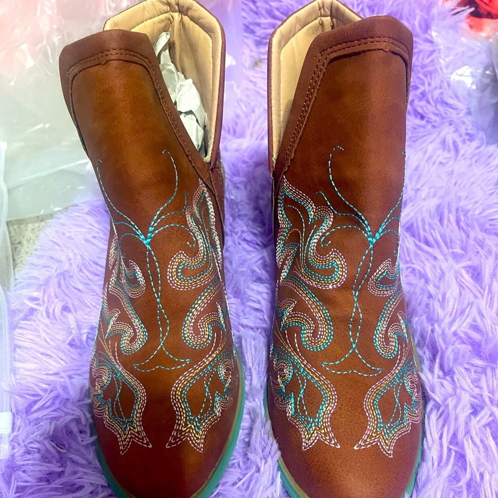 Brown and turquoise booties boots